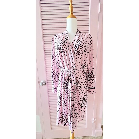 STUDIO Size XL Pink Polka Dotted Robe Stretchy Comfy Attached Belt Satin Trim - Picture 1 of 11